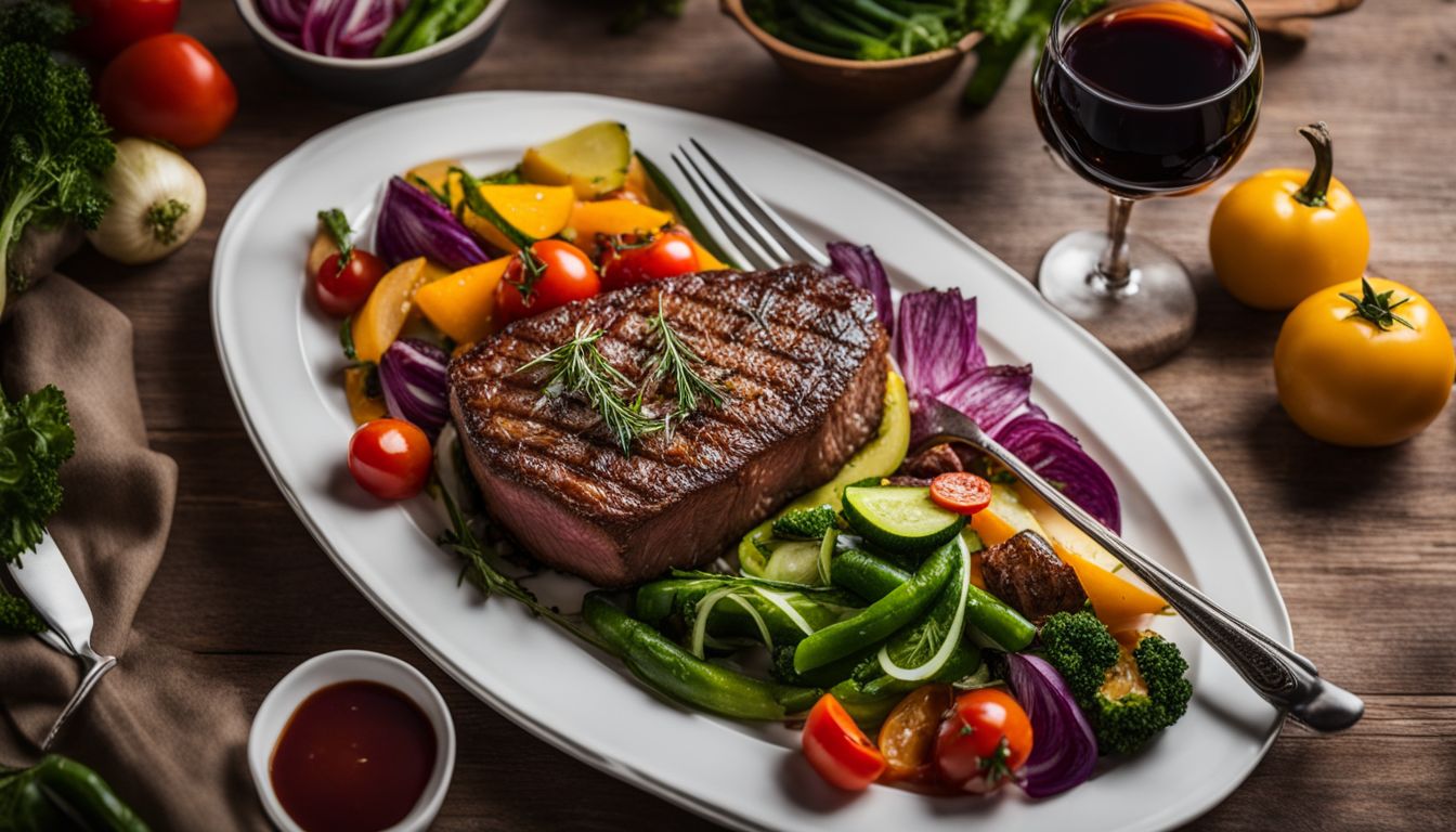 A Delicious Steak With Colorful Vegetables On A Stylish Dining Table In A Bustling Atmosphere.