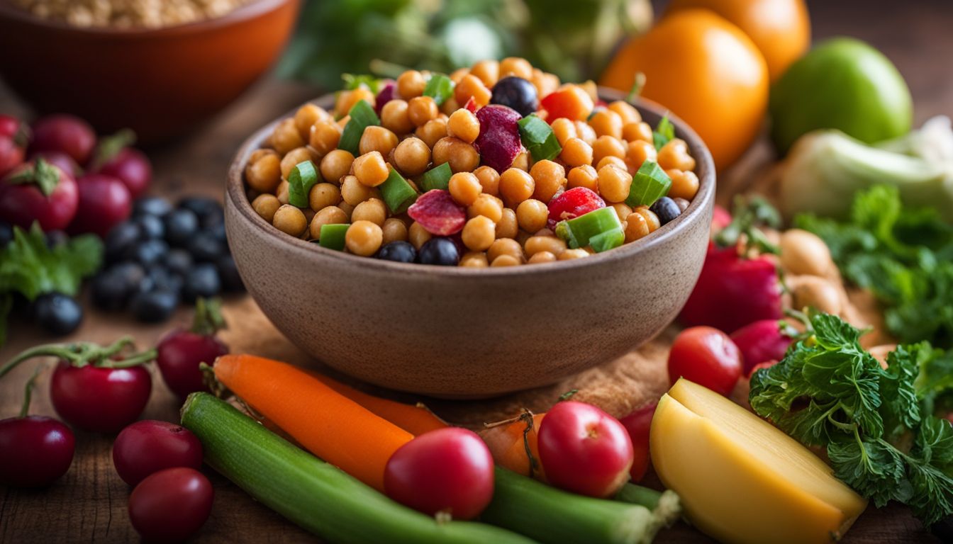A vibrant bowl of chickpeas surrounded by a variety of fresh fruits and vegetables.
