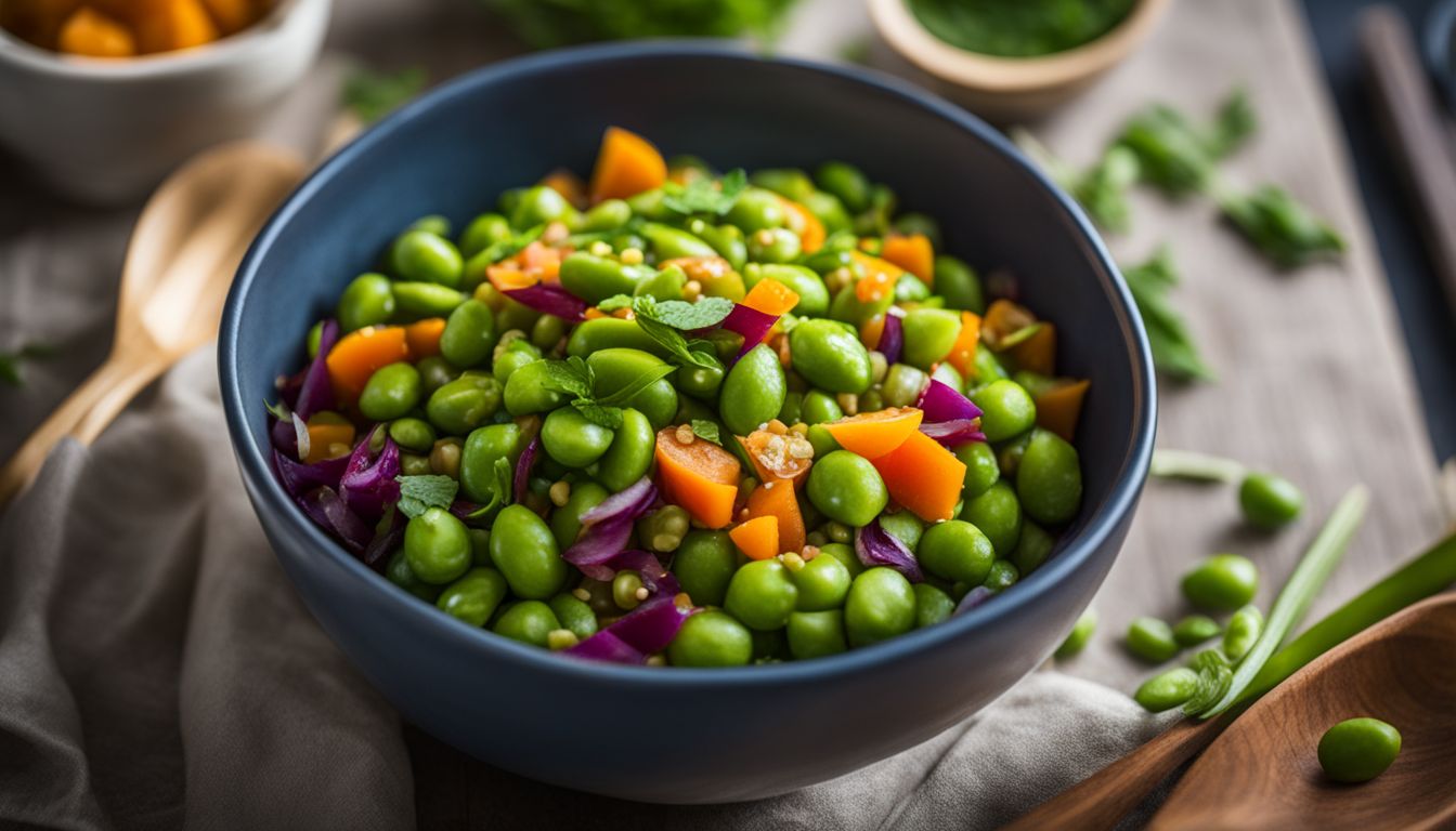A Bowl Of Edamame And Colorful Vegetables Are Plated In A Bustling Kitchen Setting.