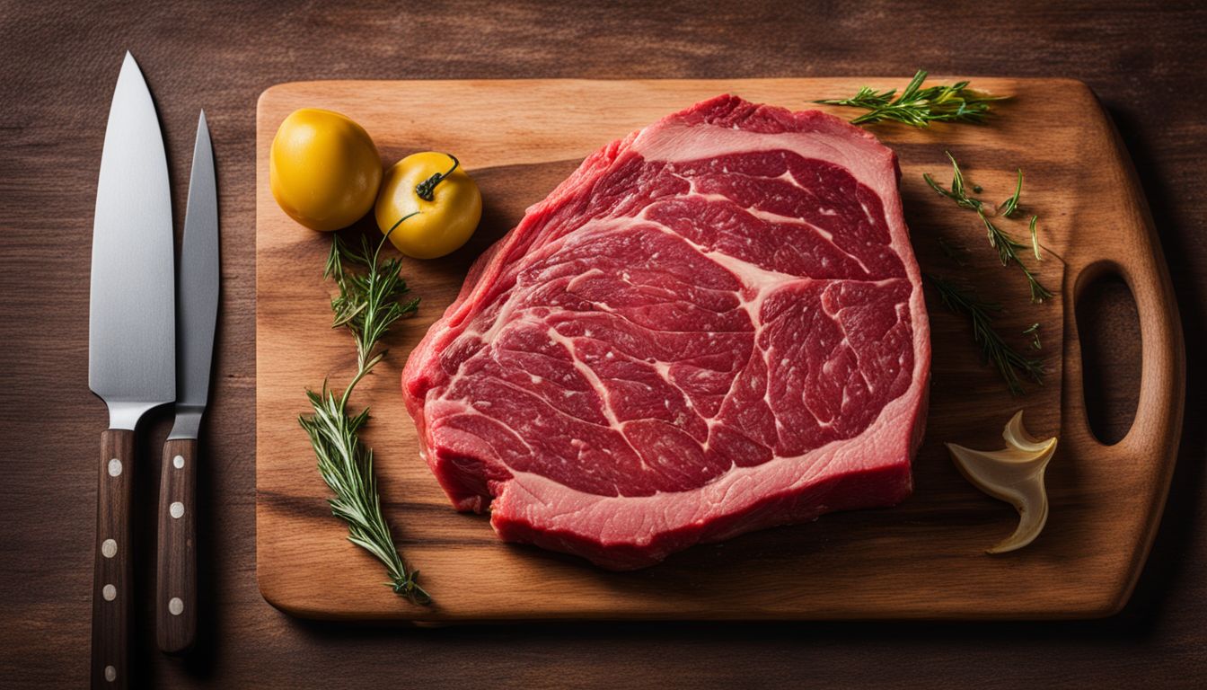 A Raw Beef Steak On A Wooden Cutting Board In A Bustling Kitchen With Cooking Utensils.