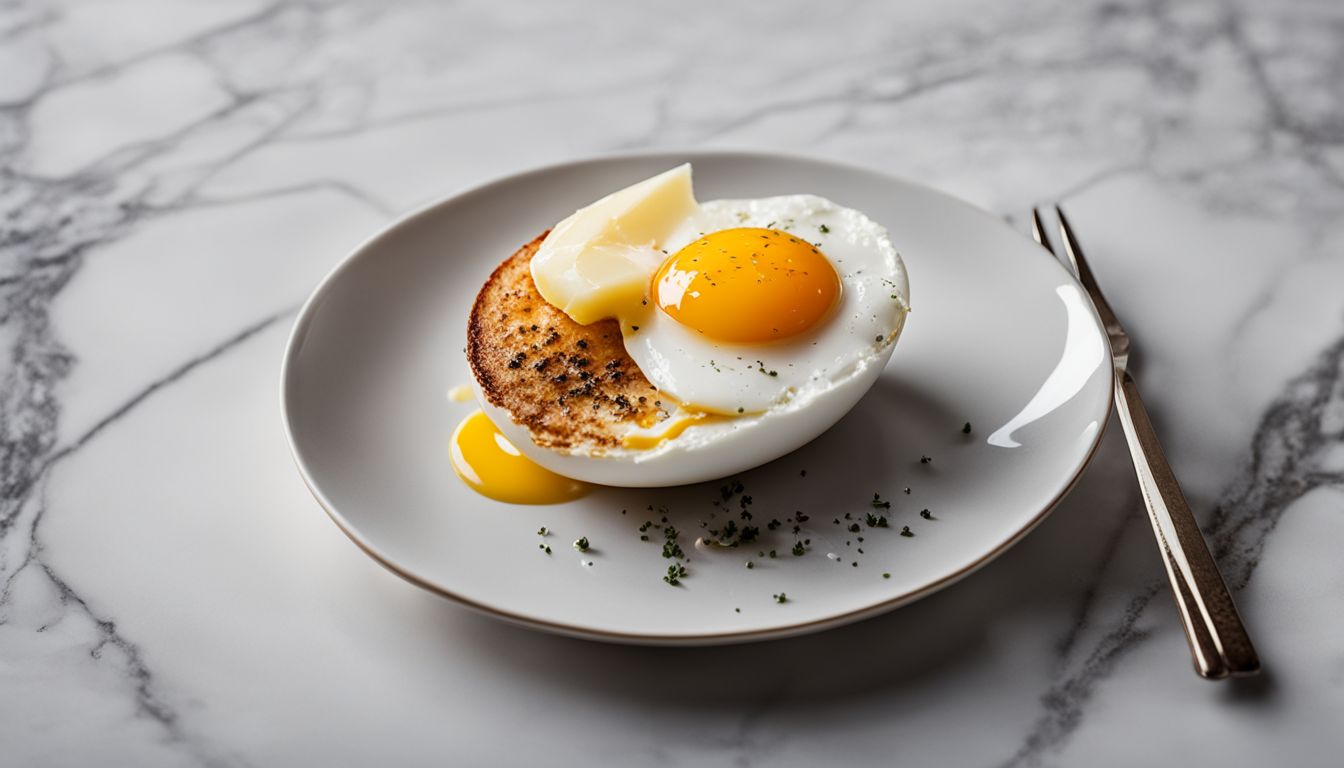 A photo of a cracked egg with salt and pepper next to a fork on a marble countertop.