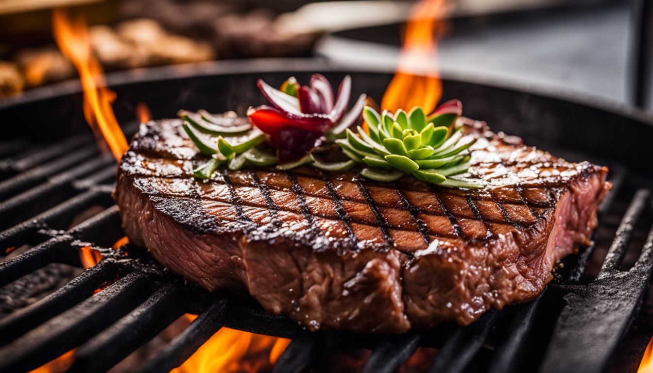 A Close Up Photo Of A Succulent Steak Cooking On A Sizzling Grill In A Bustling Atmosphere.