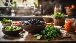 A Bowl Of Black Beans And Fresh Vegetables On A Rustic Kitchen Countertop, With Various People In The Background.