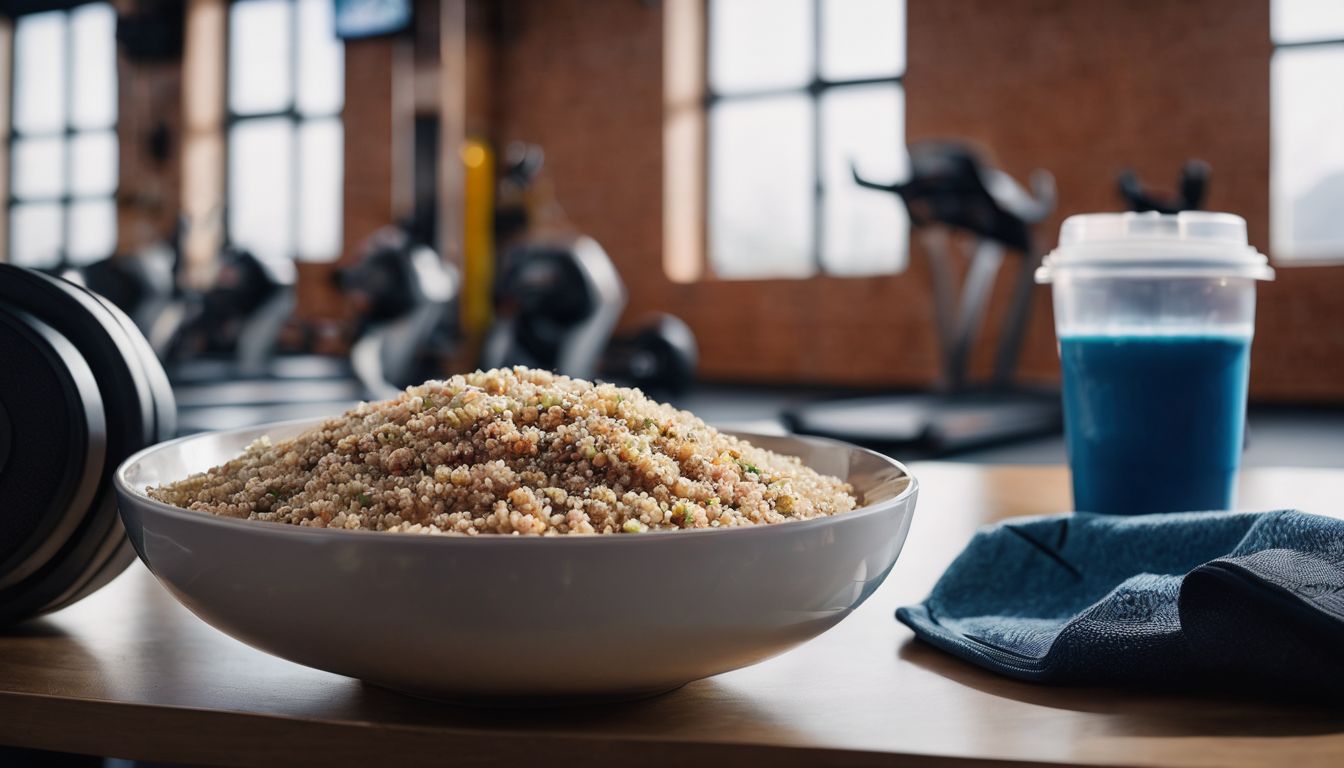 A Bowl Of Cooked Quinoa Surrounded By Sports Gear In A Gym, With A Bustling Atmosphere.