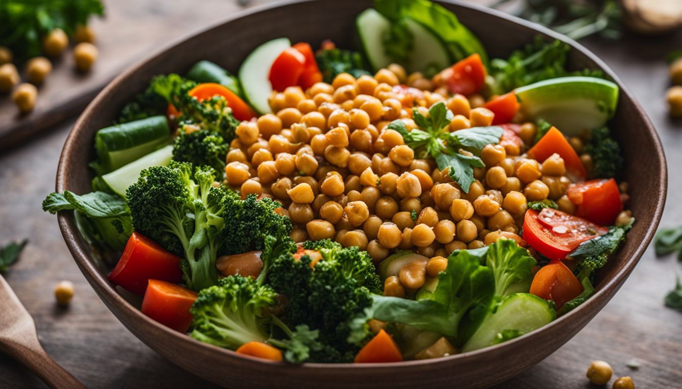 A photo showcasing a heart-shaped bowl filled with chickpeas surrounded by fresh vegetables and different faces.