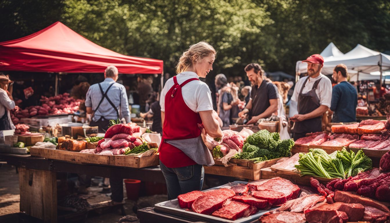 A photo of a vibrant open-air farmer's market showcasing a variety of fresh red meats.