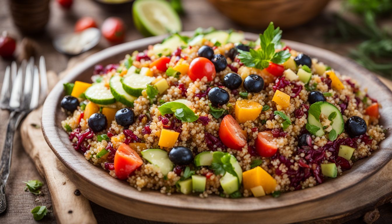 A Delicious Quinoa Salad On A Wooden Table With A Variety Of People In Different Outfits.