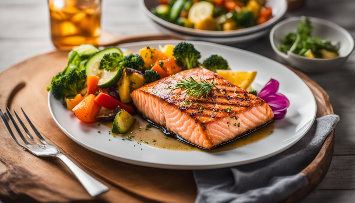 A photo of a grilled salmon fillet with colorful vegetables, taken with a high-quality camera, in a busy setting.