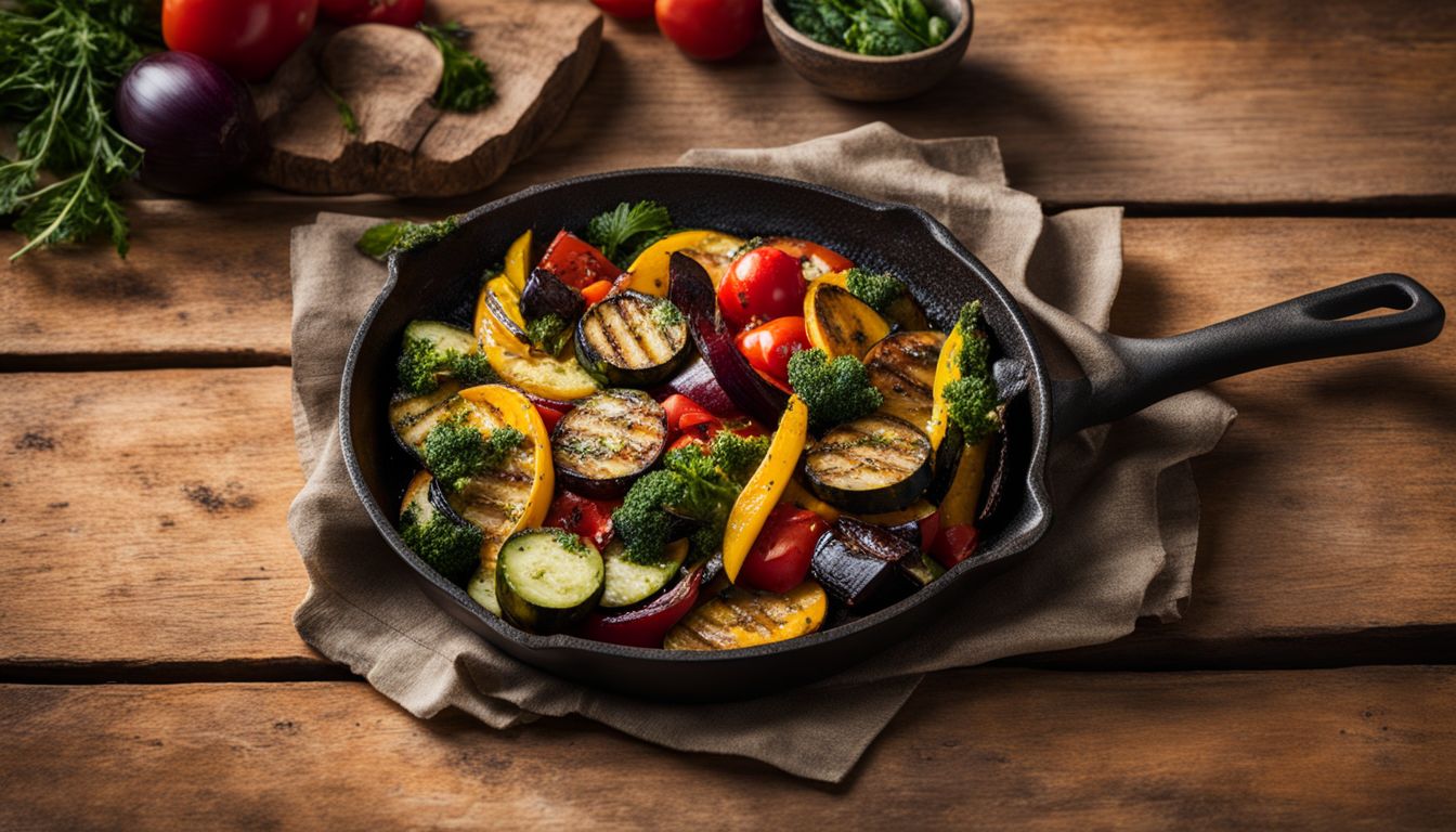 A Sizzling Skillet Of Grilled Vegetables On A Rustic Wooden Table In A Bustling Atmosphere.
