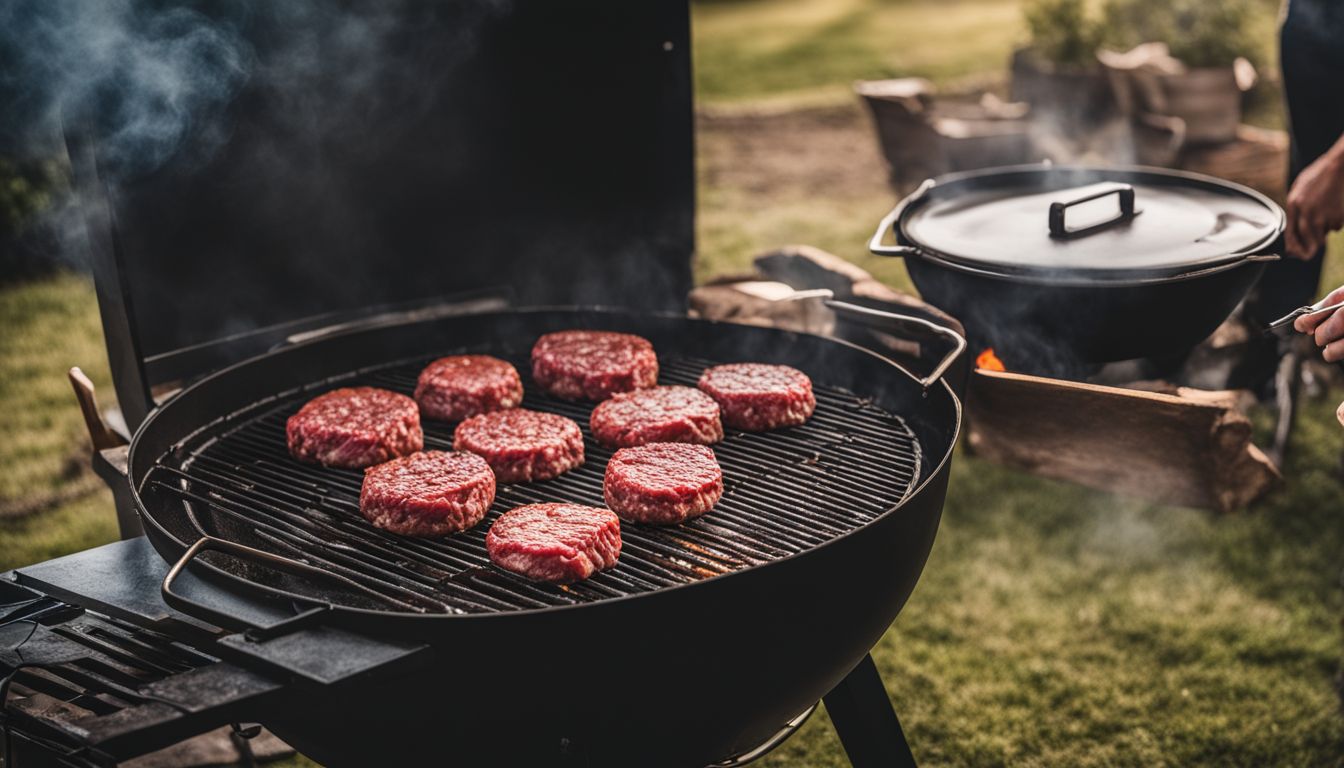 A photo of ground beef being cooked on a grill in a bustling backyard BBQ setting.
