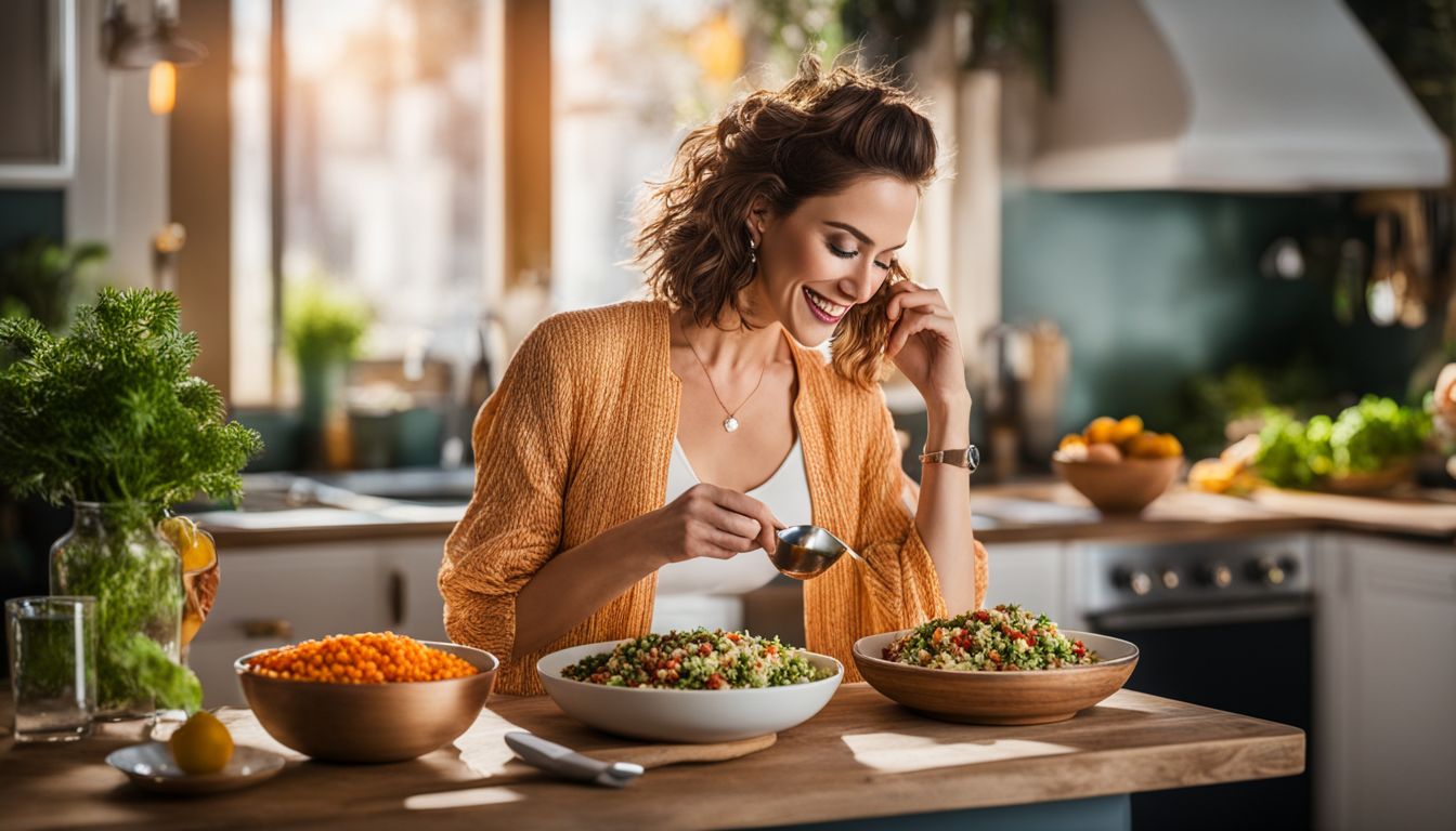 A Woman Enjoying A Colorful Quinoa Salad In A Modern Kitchen With Vibrant Surroundings.