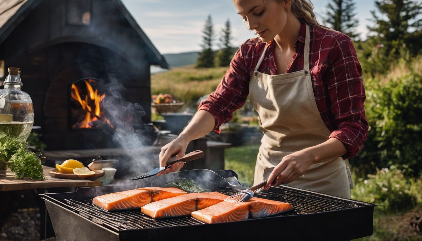 A person grills salmon outdoors surrounded by fresh ingredients and cooking utensils on a sunny day.