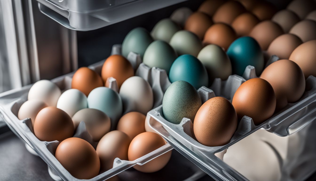 A photo of a variety of eggs in a refrigerator, showcasing different colors, sizes, and styles.
