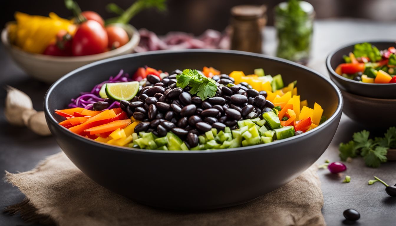 A Bowl Of Black Beans Surrounded By Colorful Vegetables In A Bustling Atmosphere, Captured With Sharp Focus.