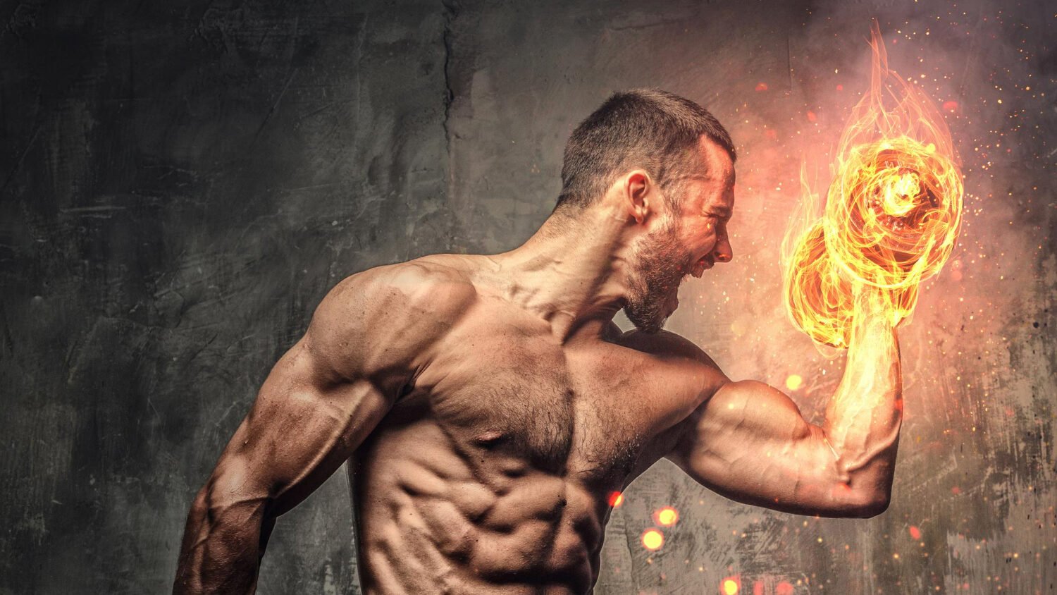 Artistic Portrait Shirtless Muscular Male With Burning Dumbbell