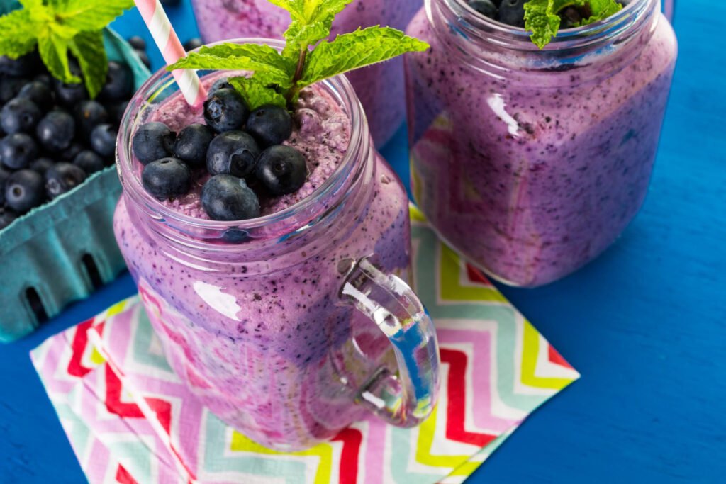 blueberrie smoothie made with fresh organic blueberries plain yogurt
