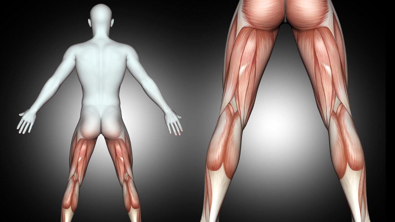 3D Male Medical Figure With Back Leg Muscles Highlighted