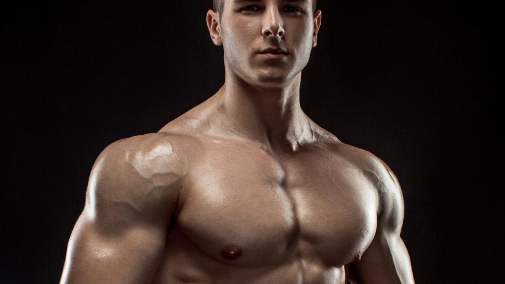 Young Bodybuilder Man Black Background Male Torso Muscle Relief
